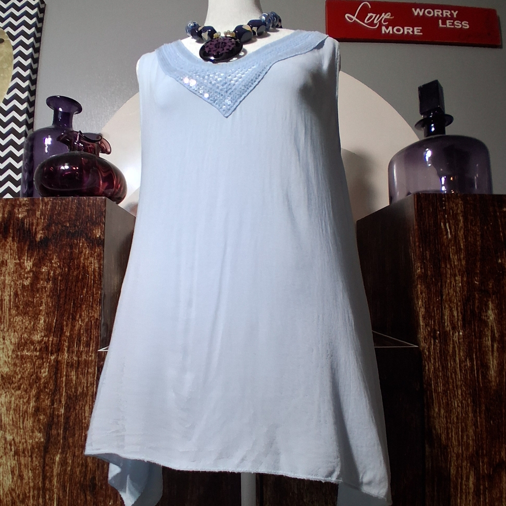 NWT Light Blue Sleeveless Top with Sequins Beaded Neckline Size Medium ITALY